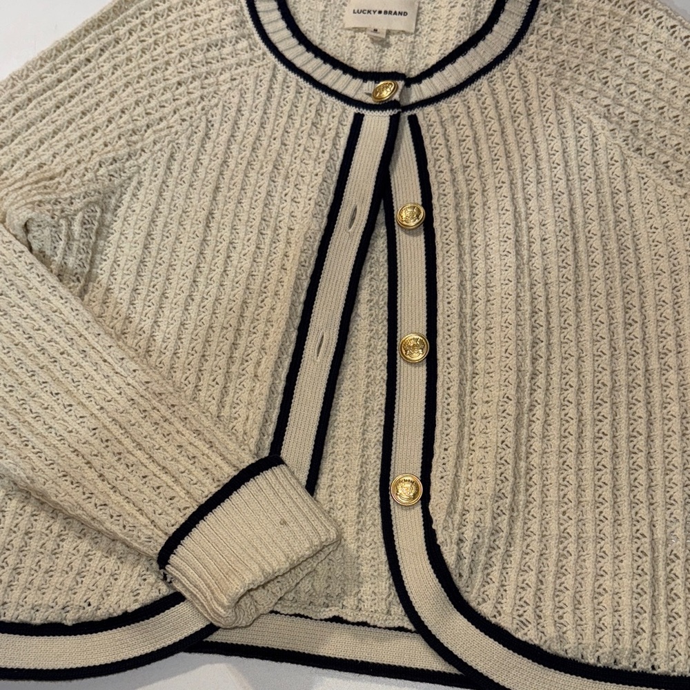 Lucky Brand Granny Cottage Core Cream Cardigan with Navy Trim and Gold‎ Buttons - Picture 3 of 5